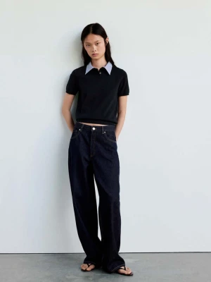 Sweter z kołnierzykiem polo w paski ciemnogranatowy - Kobieta - - MANGO