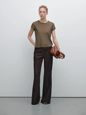 Koszulka Z Kontrastowym Skórzanym Obszyciem - Szarobrązowy - - Massimo Dutti - Kobieta
