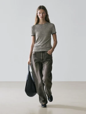 Zdjęcie produktu Koszulka Z Koronkowymi Detalami Z Wełny - Szary Melanżowy - - Massimo Dutti - Kobieta