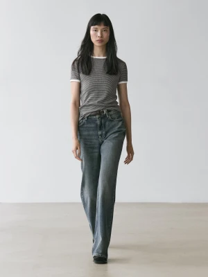 Koszulka Z Krótkim Rękawem I Kontrastowym Elementem - Szary - - Massimo Dutti - Kobieta