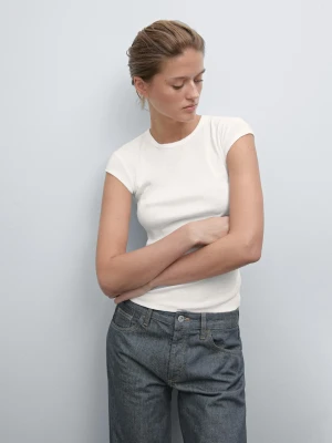 Koszulka Z Krótkim Rękawem I Ozdobnym Obszyciem - Biały Złamany - - Massimo Dutti - Kobieta