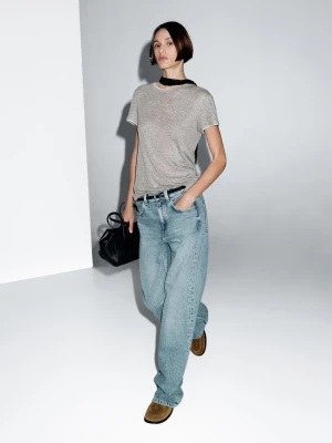 Koszulka Z Krótkim Rękawem I Podwójnym Obszyciem - Szary Pop - - Massimo Dutti - Kobieta
