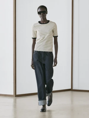 Koszulka Z Krótkim Rękawem W Kontrastowe Paski - Biały Złamany - - Massimo Dutti - Kobieta