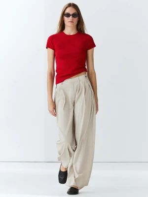 Koszulka Z Krótkim Rękawem Z Domieszką Bawełny - Czerwony - Massimo Dutti - Female