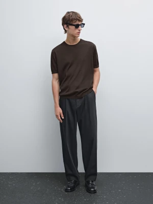 Koszulka Z Krótkim Rękawem Z Dzianiny Z Mieszanki Wełny - Brązowy - - Massimo Dutti - Mężczyzna