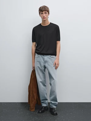 Koszulka Z Krótkim Rękawem Z Dzianiny Z Mieszanki Wełny - Czarny - - Massimo Dutti - Mężczyzna