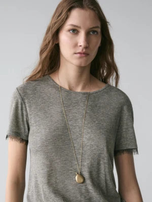 Koszulka Z Krótkim Rękawem Z Koronką - Szary Melanżowy - - Massimo Dutti - Kobieta