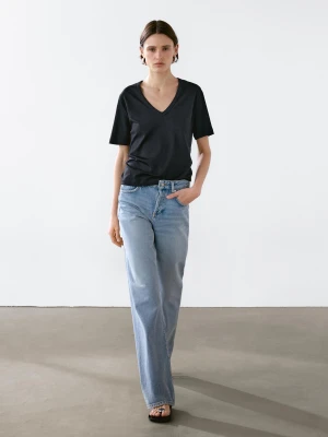 Koszulka Z Krótkim Rękawem Ze 100% Bawełny - Czarny - - Massimo Dutti - Kobieta
