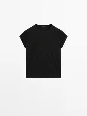 Koszulka Z Krótkim Rękawem Ze 100% Bawełny Merceryzowanej - Czarny - - Massimo Dutti - Kobieta