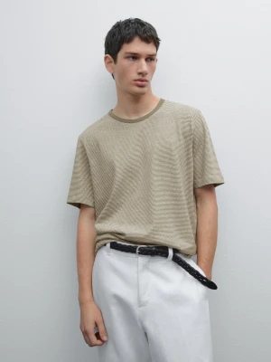 Koszulka Z Lnu I Bawełny W Paski - Khaki - - Massimo Dutti - Mężczyzna