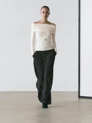 Koszulka Z Mieszanki Bawełny Z Odkrytymi Ramionami - Surowy - - Massimo Dutti - Kobieta