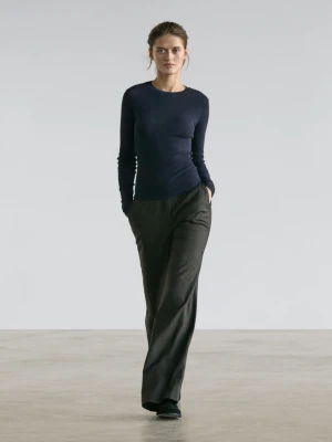 Zdjęcie produktu Koszulka Z Mieszanki Bawełny Z Długim Rękawem - Granatowy - - Massimo Dutti - Kobieta