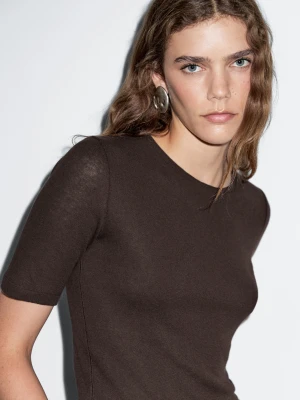 Koszulka Z Mieszanki Bawełny Z Krótkim Rękawem - Brązowy - - Massimo Dutti - Kobieta
