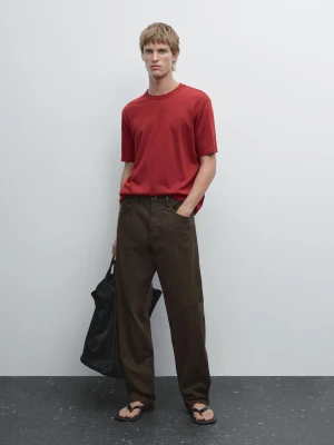 Koszulka Z Mieszanki Bawełny Z Krótkim Rękawem - Czerwone Wino - - Massimo Dutti - Mężczyzna