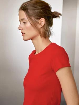 Koszulka Z Mieszanki Bawełny Z Krótkim Rękawem - Czerwony - - Massimo Dutti - Kobieta