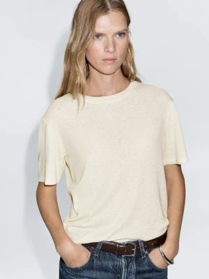 Koszulka Z Mieszanki Bawełny Z Krótkim Rękawem - Jasnożółty - - Massimo Dutti - Kobieta