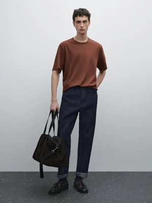 Koszulka Z Mieszanki Bawełny Z Krótkim Rękawem - Karmelowy - - Massimo Dutti - Mężczyzna