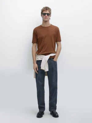 Koszulka Z Mieszanki Bawełny Z Krótkim Rękawem - Ognista Pomarańcza - - Massimo Dutti - Mężczyzna