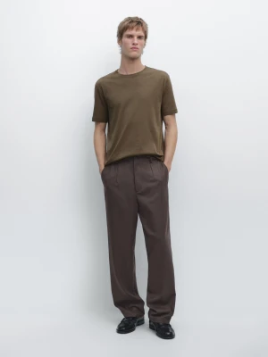 Koszulka Z Mieszanki Bawełny Z Krótkim Rękawem - Średni Khaki - - Massimo Dutti - Mężczyzna