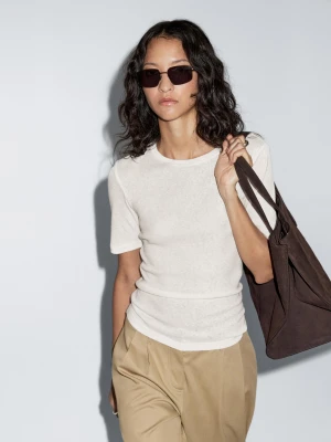 Koszulka Z Mieszanki Bawełny Z Krótkim Rękawem - Surowy - - Massimo Dutti - Kobieta