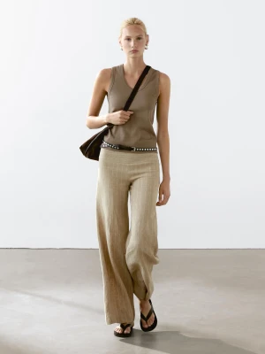 Ciężki Prążkowany Top Z Okrągłym Dekoltem - Khaki - - Massimo Dutti - Kobieta