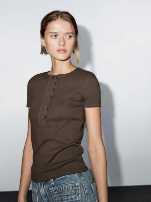 Koszulka Z Mieszanki Bawełny Z Ozdobnym Elementem Na Piersi - Brązowy - - Massimo Dutti - Kobieta