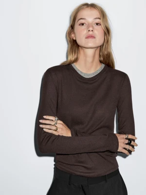 Koszulka Z Mieszanki Bawełny Z Podwójnym Kołnierzykiem - Brązowy - - Massimo Dutti - Kobieta