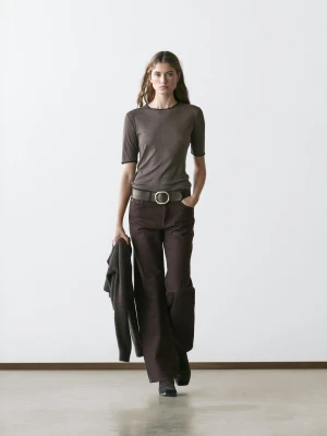 Koszulka Z Mieszanki Wełny Z Kontrastowym Obszyciem - Ecru Średni - - Massimo Dutti - Kobieta