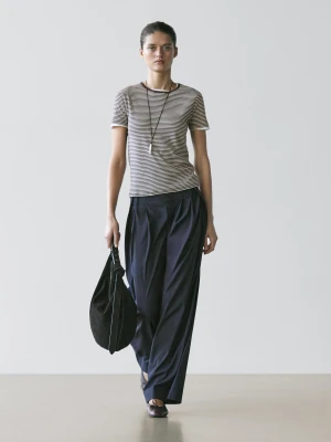 Koszulka Z Podwójnym Krótkim Rękawem W Paski - Brązowy - - Massimo Dutti - Kobieta