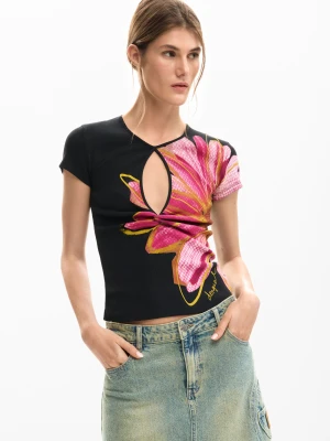 Zdjęcie produktu Koszulka z rozcięciem w kwiaty Desigual czarny
