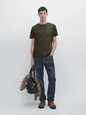 Koszulka Ze 100% Bawełny Merceryzowanej - Khaki - - Massimo Dutti - Mężczyzna
