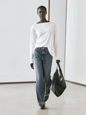 Koszulka Ze 100% Bawełny Z Dekoltem Łódką - Biały - - Massimo Dutti - Kobieta