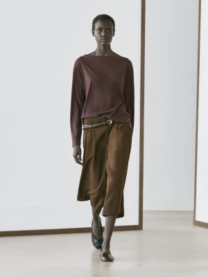 Koszulka Ze 100% Bawełny Z Dekoltem Łódką - Brązowy - - Massimo Dutti - Kobieta