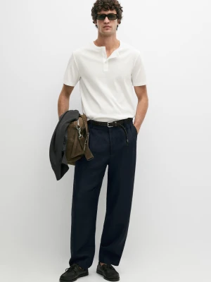 Koszulka Ze 100% Bawełny Z Dekoltem Na Guziki - Biały Złamany - Massimo Dutti - Male