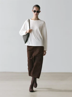 Koszulka Ze 100% Bawełny Z Długim Rękawem - Biały Złamany - - Massimo Dutti - Kobieta