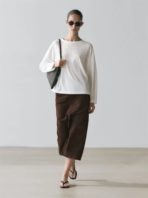 Zdjęcie produktu Koszulka Ze 100% Bawełny Z Długim Rękawem - Biały Złamany - - Massimo Dutti - Kobieta