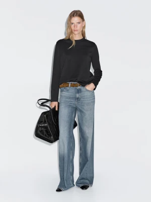 Koszulka Ze 100% Bawełny Z Interlockiem I Długim Rękawem - Czarny - - Massimo Dutti - Kobieta