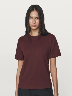 Koszulka Ze 100% Bawełny Z Interlockiem I Okrągłym Dekoltem - Bordowy - - Massimo Dutti - Kobieta