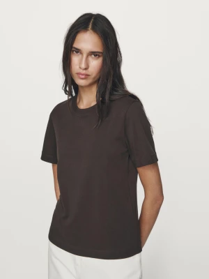 Koszulka Ze 100% Bawełny Z Interlockiem I Okrągłym Dekoltem - Brązowy - - Massimo Dutti - Kobieta