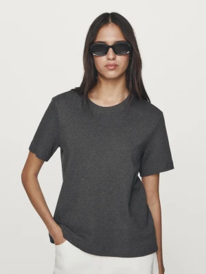 Koszulka Ze 100% Bawełny Z Interlockiem I Okrągłym Dekoltem - Szary Antracytowy - - Massimo Dutti - Kobieta