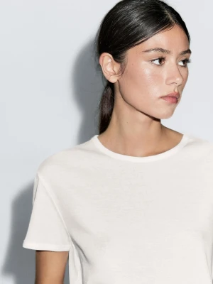 Koszulka Ze 100% Bawełny Z Krótkim Rękawem - Biały - - Massimo Dutti - Kobieta
