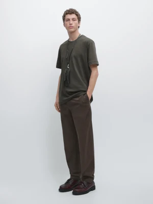 Bawełniana Koszulka Z Krótkim Rękawem - Khaki - - Massimo Dutti - Mężczyzna