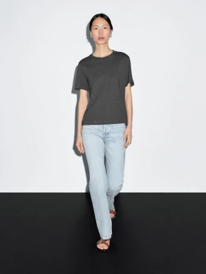 Koszulka Ze 100% Bawełny Z Interlockiem I Okrągłym Dekoltem - Szary Antracytowy - - Massimo Dutti - Kobieta