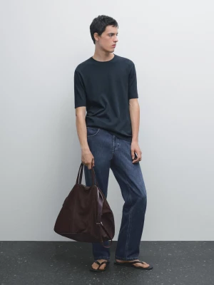 Koszulka Ze 100% Bawełny Z Prążkowanym Wykończeniem - Granatowy - - Massimo Dutti - Mężczyzna