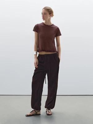 Koszulka Ze 100% Lnu Z Falbaną U Dołu - Czereśniowy - - Massimo Dutti - Kobieta