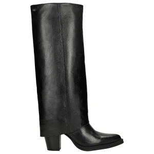 Czarne skórzane kozaki na slupku z szeroka cholewka 71137-51 Wojas