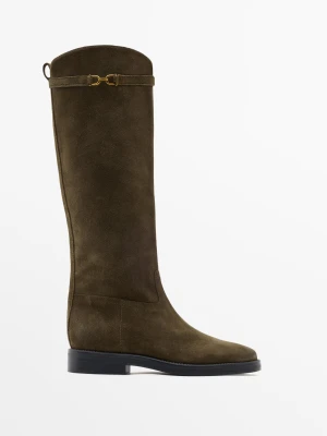 Kozaki Jeździeckie Z Impregnowanej Dwoiny Zamszowej - Khaki - Massimo Dutti - Female