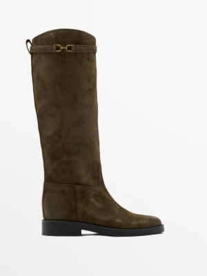 Kozaki Jeździeckie Z Impregnowanej Dwoiny Zamszowej - Khaki - - Massimo Dutti - Kobieta