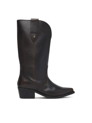 Kozaki Tommy Hilfiger Leather Mid Calf Western Boot FW0FW09798 Brązowy ciemny