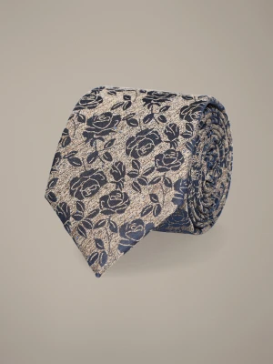 Krawat Beżowo-Granatowy w Kwiaty Lancerto